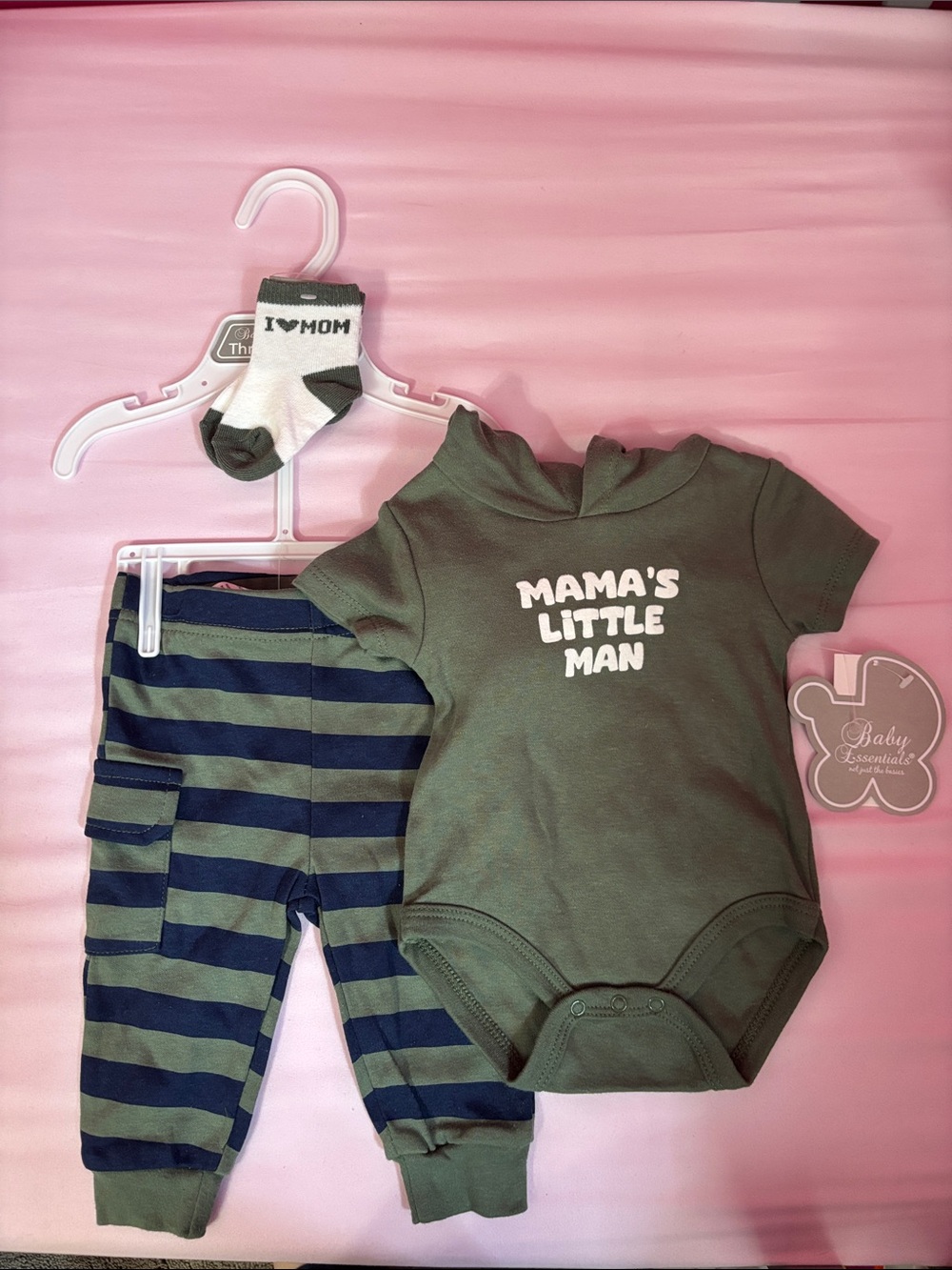 Baby Essentials Olive Green Bodysuit with Navy Stripe Pants & Socks. 3 piece set